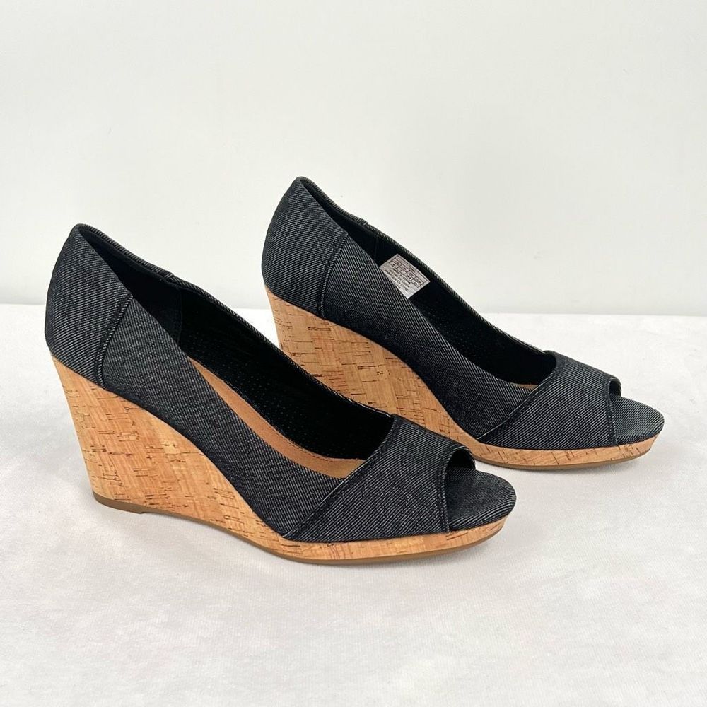 Toms Stella Black Denim Cork Wedge Peep Toe Sandals Size 8